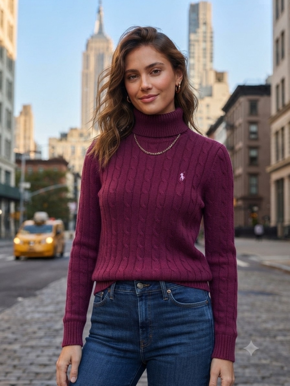 Ralph Lauren Sport Cable Knit Turtleneck Plum S 100% Cotton